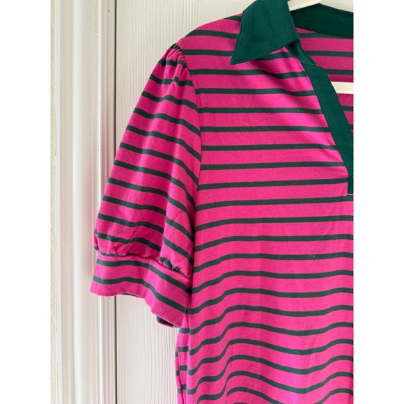 Preppy Striped Polo Dress Pink Green Rugby Style Split Neck Casual Cotton L - Picture 2 of 7